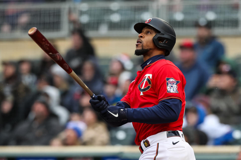 MINNEAPOLIS, MN - APRIL 24: Byron Buxton #25 of the Minnesota Twins hits a walk off three-run home run against the Chicago White Sox in the tenth inning of the game at Target Field on April 24, 2022 in Minneapolis, Minnesota. The Twins defeated the White Sox 6-4 in ten innings. (Photo by David Berding/Getty Images)