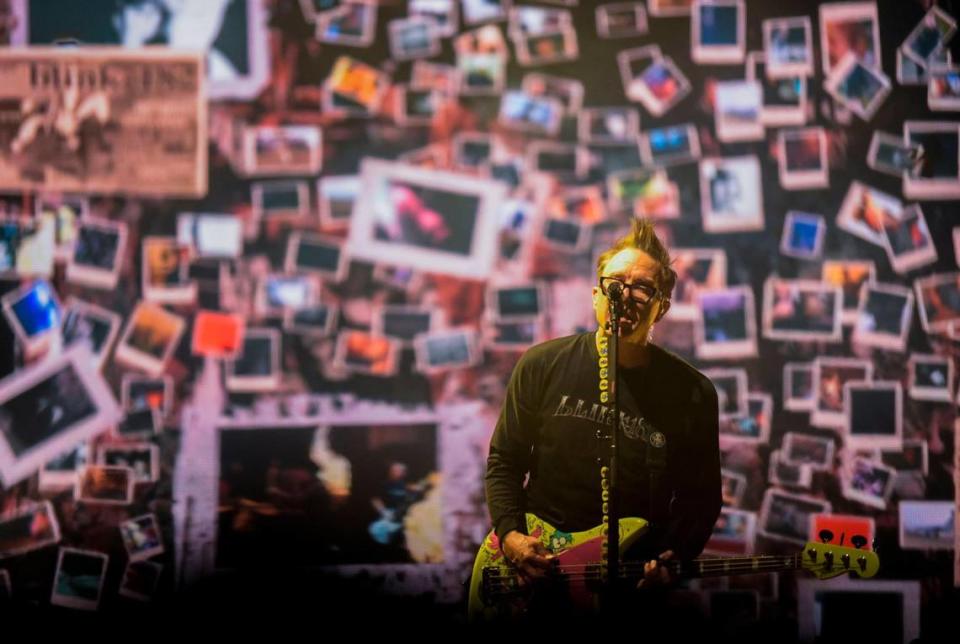 Band member Mark Hoppus of Blink 182 performs during a concert at the Spectrum Center arena on Friday, July 14, 2023, as part of the band’s world tour.