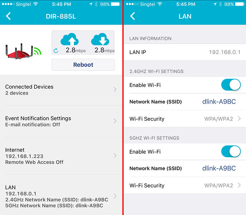D-Link's mydlink Lite app is pretty simplistic and doesn't allow users to do much apart from monitoring speeds and rebooting the router remotely.