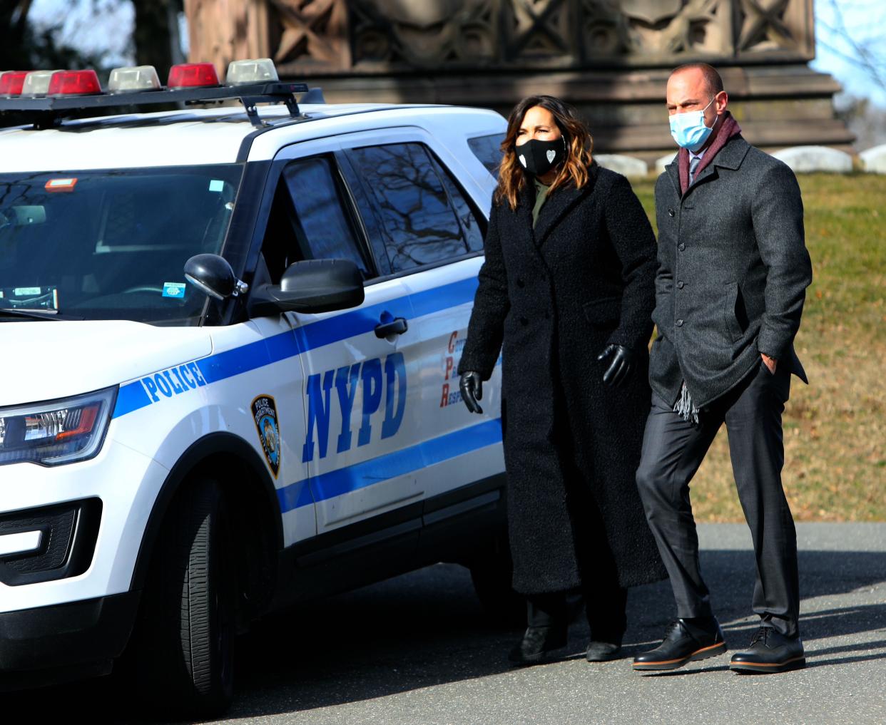 Mariska Hargitay and Christopher Meloni are seen on the set of "Law and Order: SVU" on Jan. 25, 2021, in New York City.