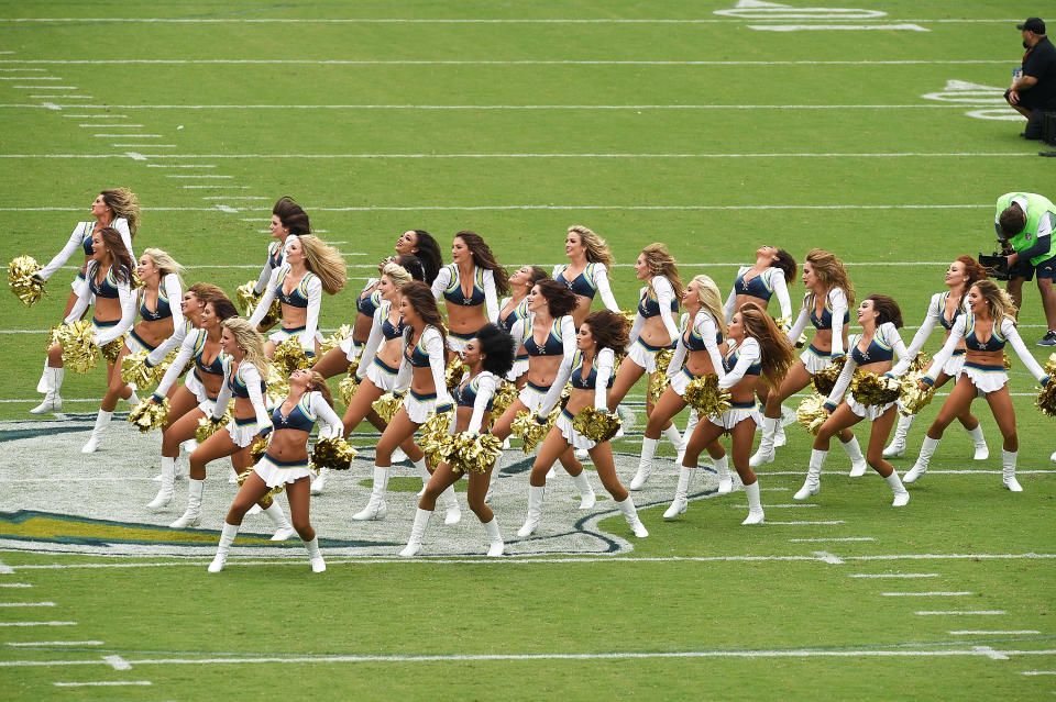 <p>The Los Angeles Charger Girls perform before the game between the Los Angeles Chargers and the Miami Dolphins at the StubHub Center on September 17, 2017 in Carson, California. (Photo by Kevork Djansezian/Getty Images) </p>
