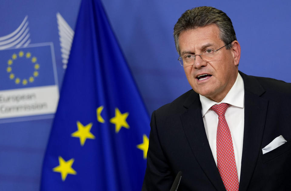 European Commissioner for Inter-institutional Relations and Foresight Maros Sefcovic speaks during a media conference, after a meeting with United Kingdom's chief Brexit negotiator David Frost, at EU headquarters in Brussels, Friday, Nov. 5, 2021. The UK's chief Brexit negotiator David Frost met his EU counterpart Maros Sefcovic on Friday to discuss outstanding issues regarding trade in Northern Ireland. A fishing row between Britain and France is further complicating issues between the EU and recently departed Britain. (AP Photo/Virginia Mayo, Pool)