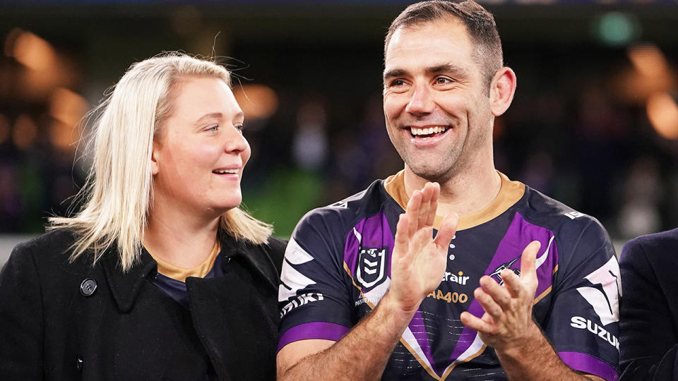 Cameron Smith and wife Barbara, pictured here at a Melbourne Storm game in 2019. 