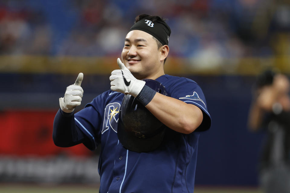 Tampa Bay Rays' Ji-Man Choi reacts to being called safe at first after review, during the sixth inning of the team's baseball game against the St. Louis Cardinals on Wednesday, June 8, 2022, in St. Petersburg, Fla. (AP Photo/Scott Audette)