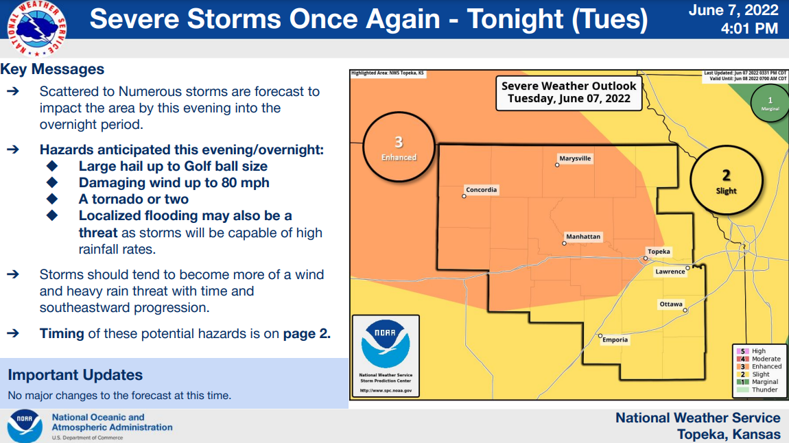 Topeka is part of an area the National Weather Service says will see an "enhanced" chance for severe storms late Tuesday, according to this graphic placed at 4:01 p.m. Thursday on the website of the weather service's Topeka office.