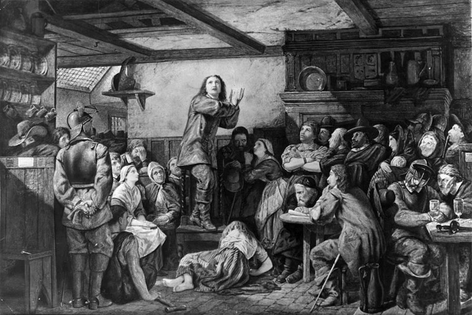 A painting by E.H. Wehnert depicts George Fox preaching in a tavern. <a href="https://www.gettyimages.com/detail/news-photo/george-fox-founder-of-the-society-of-friends-preaching-in-a-news-photo/2666182?adppopup=true" rel="nofollow noopener" target="_blank" data-ylk="slk:Hulton Archive/Getty Images;elm:context_link;itc:0;sec:content-canvas" class="link ">Hulton Archive/Getty Images</a>