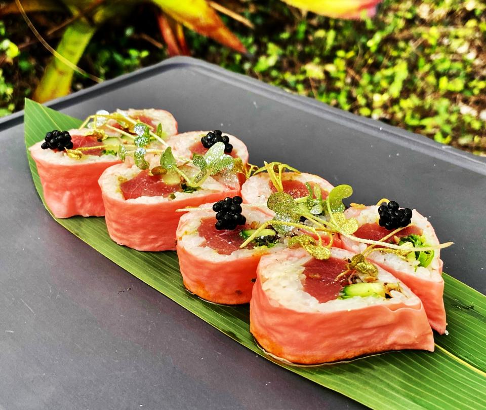 The caviar-topped 'Passion' sushi roll, featuring tuna, cucumber and truffle paste, will be on the Valentine's Day menu at Meat Market.