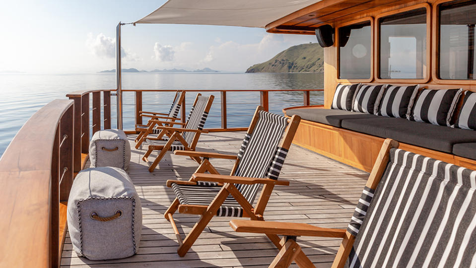 The yacht’s spacious bow lounge.