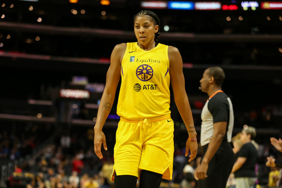 LOS ANGELES, CA - JUNE 18: Los Angeles Sparks forward Candace Parker #3 making her first game start for 2019 season during the Washington Mystic vs Los Angeles Sparks game on June 18, 2019, at Staples Center in Los Angeles, CA. (Photo by Jevone Moore/Icon Sportswire via Getty Images)