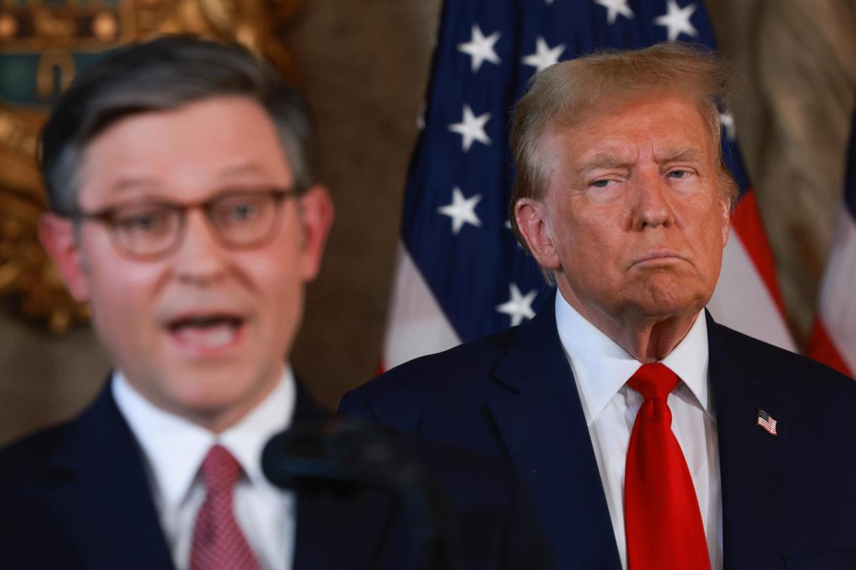 <span>‘It’s not like he can go and do whatever he wants to do,’ Donald Trump said of Mike Johnson.</span><span>Photograph: Joe Raedle/Getty Images</span>