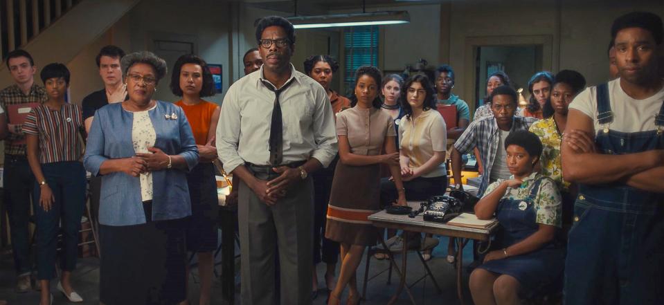 Gus Halper, left, CCH Pounder, Colman Domingo, Melissa Rakiro, Ayana Workman, Lilli Kay and Jordan-Amanda Hall in a scene from historical drama "Rustin."