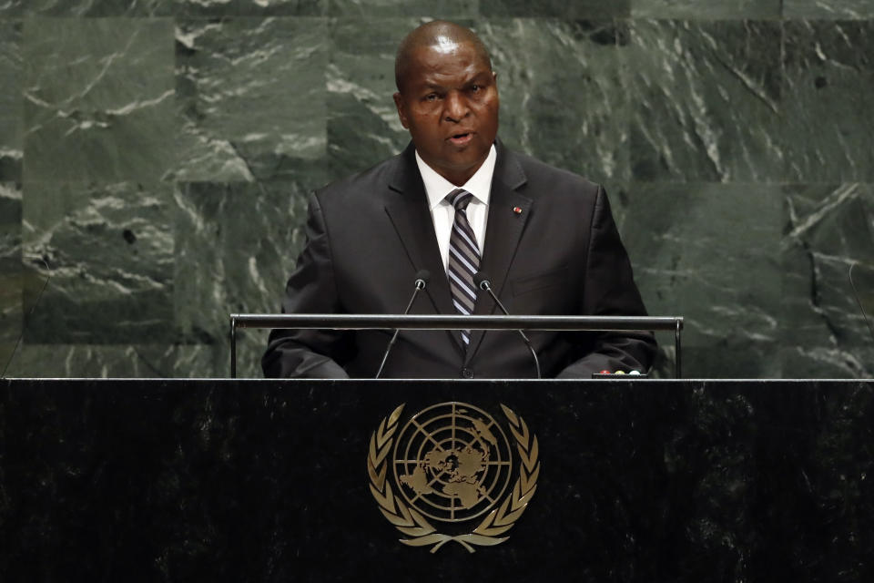 Head of State of the Central African Republic, Faustin Archange Touadera, addresses the 74th session of the United Nations General Assembly, Wednesday, Sept. 25, 2019. (AP Photo/Richard Drew)