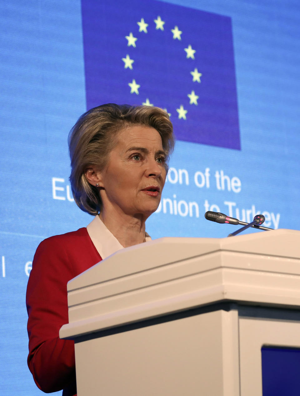 European Commission President Ursula von der Leyen speaks during a joint news conference with EU Council President Charles Michel after talks with Turkey's President Recep Tayyip Erdogan, in Ankara, Turkey, Tuesday, April 6, 2021. Top European Union officials met with Erdogan in Ankara on Tuesday, weeks after EU leaders agreed to boost trade and improve cooperation on migration following conciliatory steps from Turkey. (AP Photo/Burhan Ozbilici)