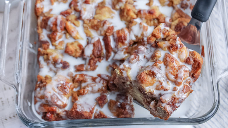 Cinnamon roll bread pudding in baking dish