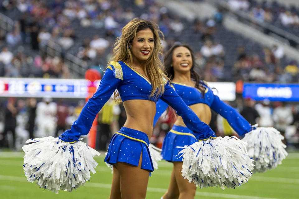 October 15, 2023; Inglewood, California, USA; Los Angeles Rams cheerleaders perform during the fourth quarter against the Arizona Cardinals at SoFi Stadium. Mandatory Credit: Kyle Terada-USA TODAY Sports