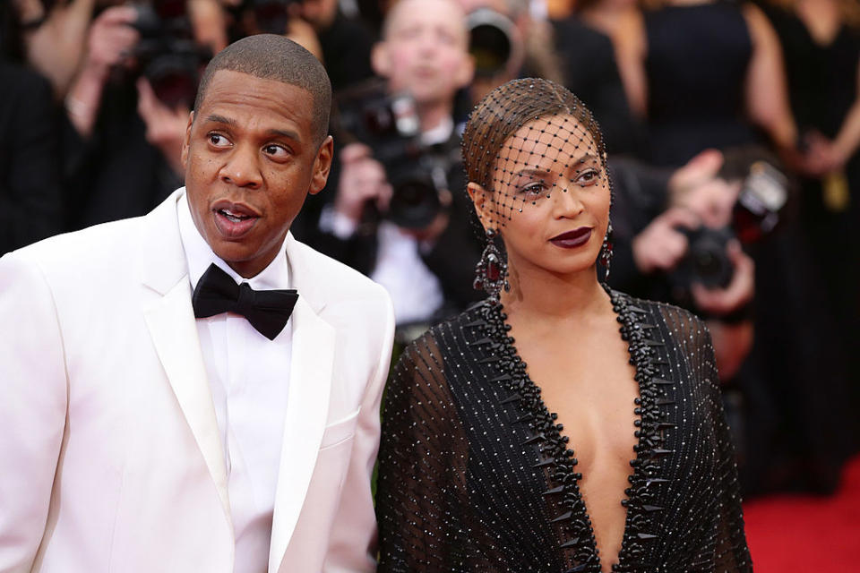 Close-up of Jay-Z and Beyoncé at a media event