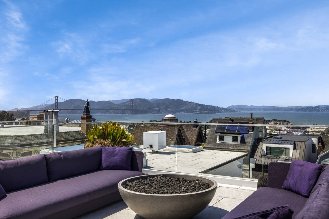 A roof-top deck presents tremendous views of San Francisco’s Golden Gate Bridge.