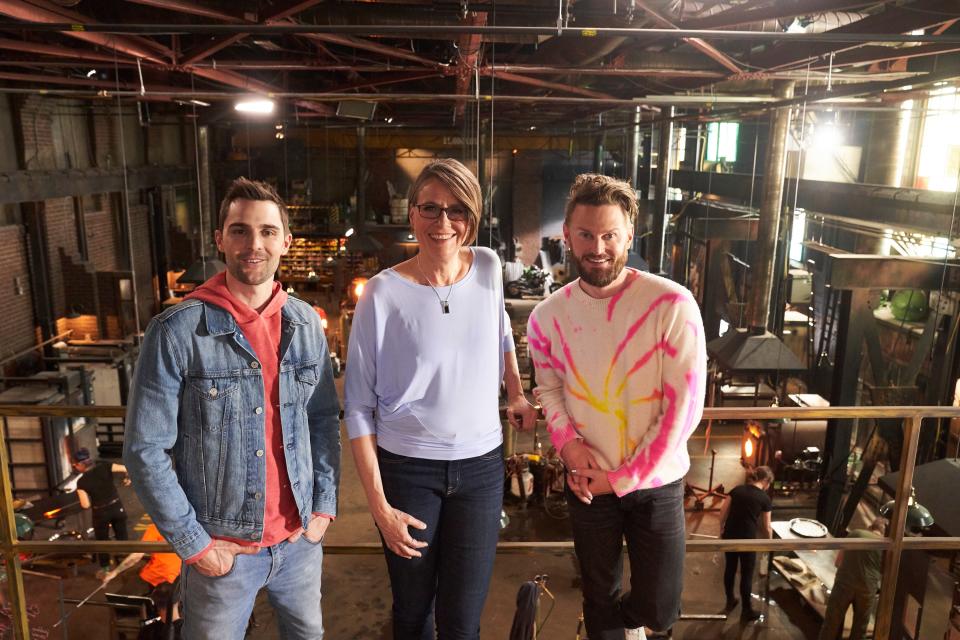 Host Nick Uhas, resident judge Katherine Gray, and guest judge Bobby Berk on the set of Blown Away.