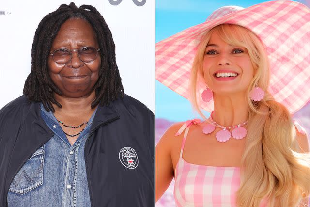 <p>Rob Kim/Getty Images; Jaap Buitendijk/Warner Bros.</p> Whoopi Goldberg (left) and Margot Robbie (as Barbie).