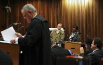 Police photographer Bennie van Staden (C) testifies as Barry Roux (L), lawyer for Olympic and Paralympic track star Oscar Pistorius, goes through his notes during the trial for the murder of Oscar's girlfriend Reeva Steenkamp, at the North Gauteng High Court in Pretoria, March 17, 2014. Pistorius is on trial for murdering his girlfriend Reeva Steenkamp at his suburban Pretoria home on Valentine's Day last year. He says he mistook her for an intruder. REUTERS/Siphiwe Sibeko (SOUTH AFRICA - Tags: CRIME LAW SPORT ATHLETICS)
