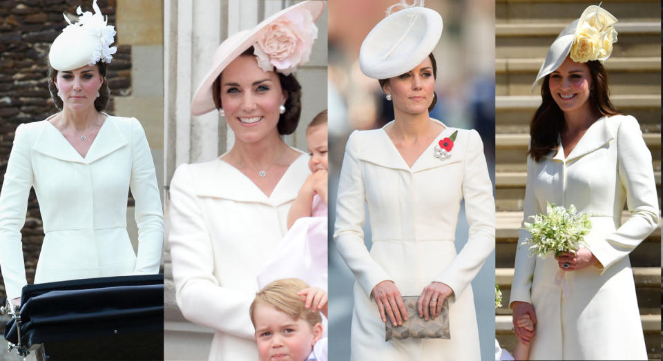 The Duchess of Cambridge wearing the dress in 2015, 2016, 2017 and finally at Harry and Meghan’s wedding. [Photos: Getty]