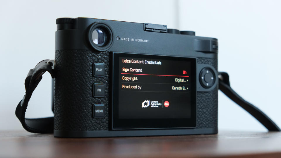 Leica M11-P camera rear screen showing content credentials