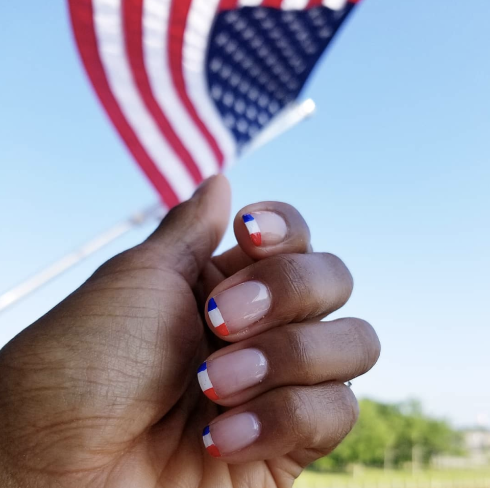 <p>Show off your holiday spirit with negative space nails and thin stripes of red, white, and blue on top. </p><p><a class="link " href="https://go.redirectingat.com?id=74968X1596630&url=https%3A%2F%2Fwww.ulta.com%2Fcolor-dip-blue-nail-powder%3FproductId%3DxlsImpprod17871161&sref=https%3A%2F%2Fwww.oprahdaily.com%2Fbeauty%2Fg27727694%2Ffourth-of-july-nail-ideas%2F" rel="nofollow noopener" target="_blank" data-ylk="slk:SHOP NAIL POWDER;elm:context_link;itc:0;sec:content-canvas">SHOP NAIL POWDER</a></p>