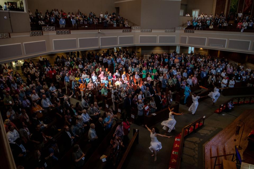 Liturgical Dancers start the beginning of worship during the annual Tennessee-Western Kentucky Conference of the UMC at First United Methodist Church in Murfreesboro, Tenn., Monday, June 17, 2024.