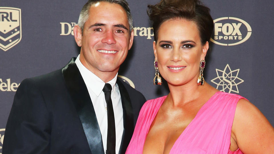 Corey Parker has had to have shoulder surgery after an unfortunate mishap while working commentary during the NRL season, with his wife Margaux telling the story in amusing detail. (Photo by Don Arnold/WireImage)