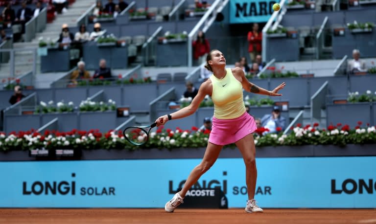 Aryna Sabalenka returns the ball to <a class="link " href="https://sports.yahoo.com/soccer/teams/poland/" data-i13n="sec:content-canvas;subsec:anchor_text;elm:context_link" data-ylk="slk:Poland;sec:content-canvas;subsec:anchor_text;elm:context_link;itc:0">Poland</a>'s Magda Linette during her second round Madrid Open victory on Friday (Thomas COEX)