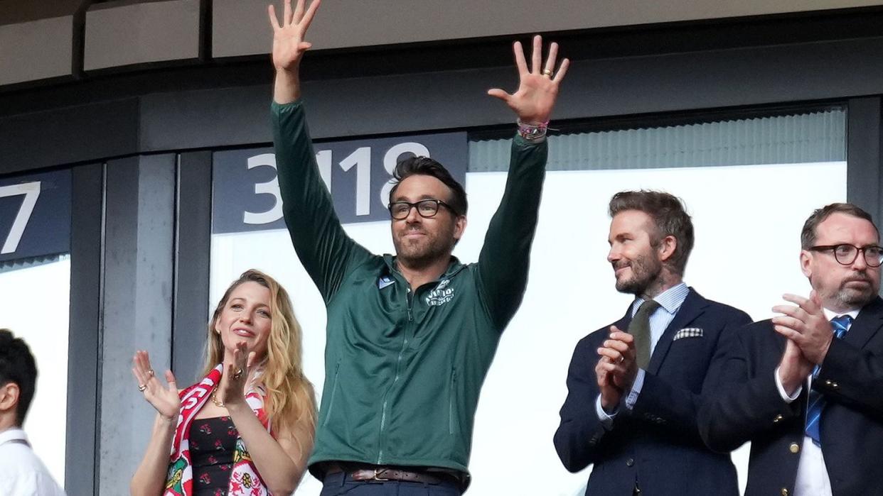 Ryan Reynolds owner of Wrexham FC waves to the fans with David Beckham and Blake Lively Wrexham v Bromley, FA Trophy, Final, Football, Wembley Stadium, London, UK - 22 May 2022