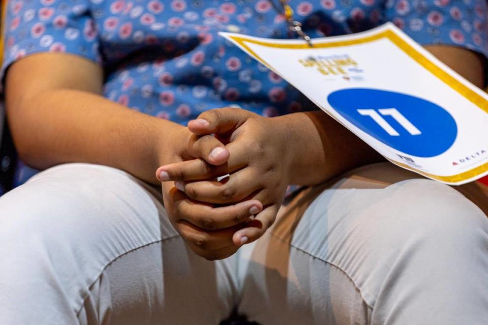 Tanush Sajja from Nova Middle School fiddles his fingers during the 4th round of the Miami Herald Broward County Spelling Bee at NSU Art Museum in Fort Lauderdale, Florida on Thursday, March 7, 2024. D.A. Varela/dvarela@miamiherald.com