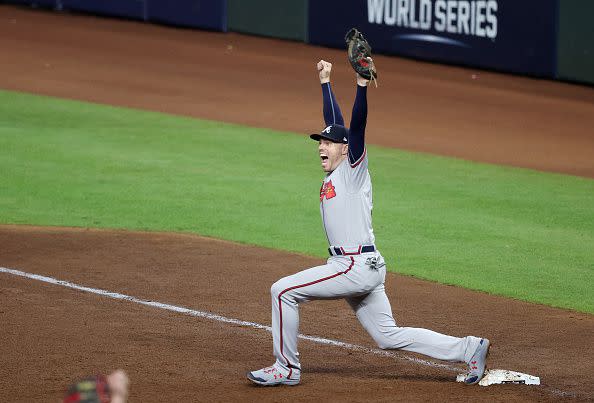 HOUSTON, TEXAS - NOVEMBER 02:  Freddie Freeman #5 of the Atlanta Braves celebrates as he records the final out to secure the team's 7-0 victory against the Houston Astros in Game Six to win the 2021 World Series at Minute Maid Park on November 02, 2021 in Houston, Texas. (Photo by Bob Levey/Getty Images)