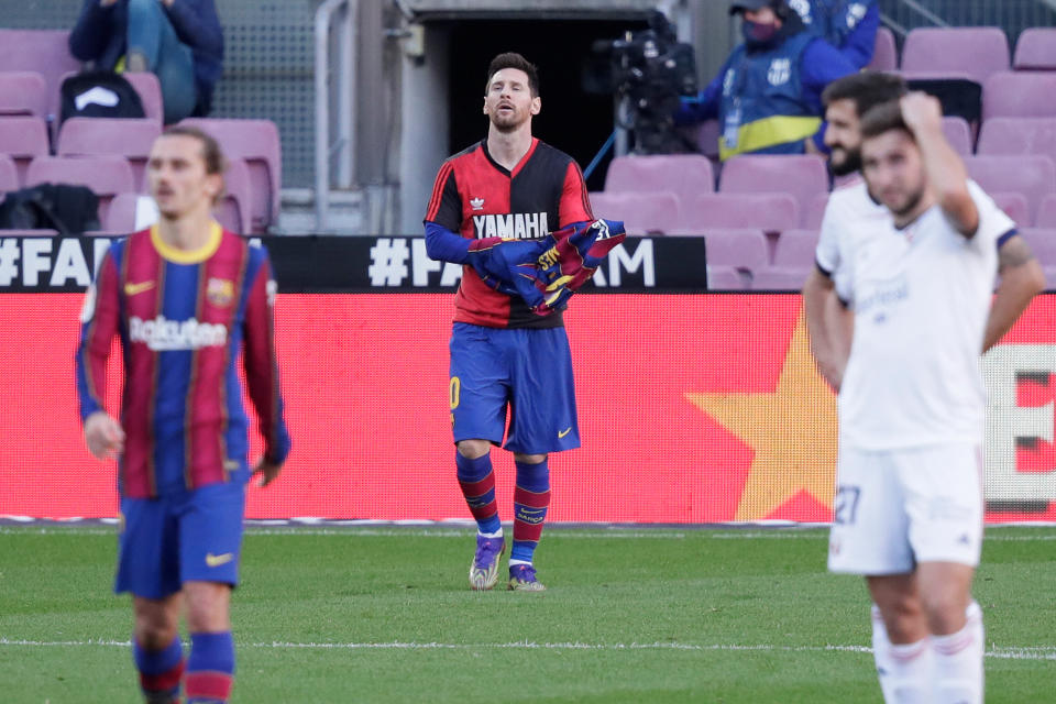 Lionel Messi celebrates 4-0 during the La Liga Santander match between FC Barcelona v Osasuna at the Camp Nou on November 29, 2020 in Barcelona Spain.