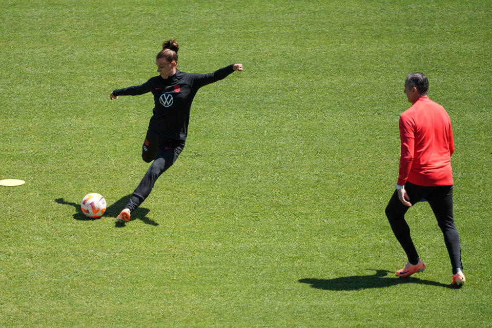 Alex Morgan trains with USWNT coach Vlatko Andonovski in San Jose, Calif., on July 8, 2023.<span class="copyright">John Todd—USSF/Getty Images</span>