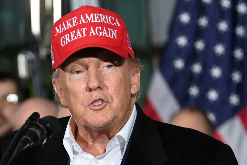 FILE PHOTO: Former U.S. President Donald Trump speaks about the recent derailment of a train carrying hazardous waste, during an event at a fire station in Ohio