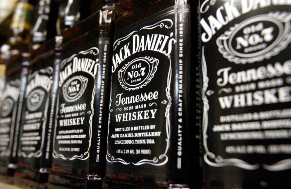 Bottles of Jack Daniel's Tennessee Whiskey line the shelves of a liquor outlet in Montpelier, Vermont.
