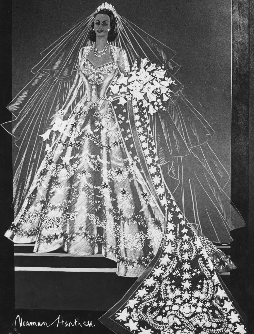 A sketch of Princess Elizabeth’s wedding dress.