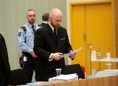 Anders Behring Breivik is seen on the third day of the appeal case in Borgarting Court of Appeal at Telemark prison in Skien, Norway January 12, 2017. NTB Scanpix/Lise Aaserud/via REUTERS