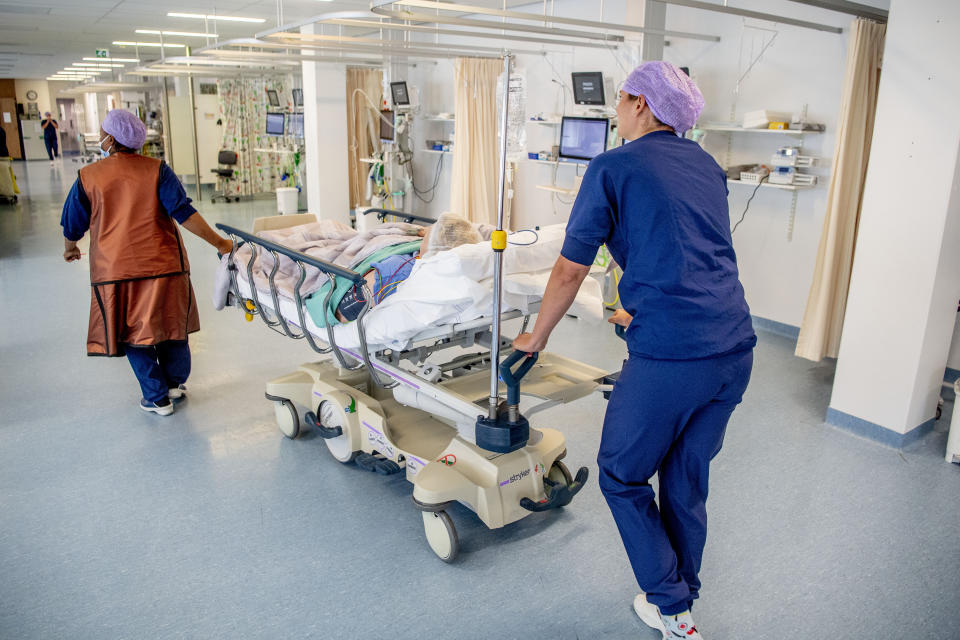 DORDRECHT, NETHERLANDS - 2020/06/29: A patient bed ridden after a surgery at the care unit. Amid relaxation of the coronavirus crisis, operations in the hybrid operating room under the shunt intensive care unit have fully resumed at Albert Schweitzer Hospital normal care. (Photo by Robin Utrecht/SOPA Images/LightRocket via Getty Images)