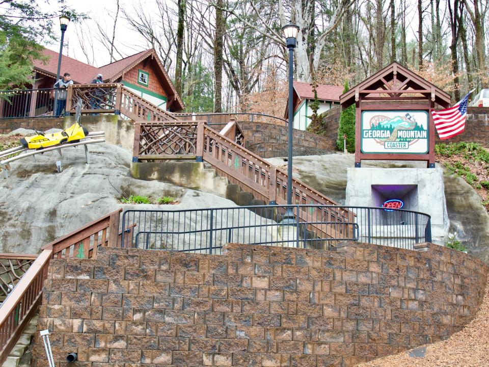 Steps leading from the street to the entrance of the Georgia Mountain Coaster, Alison Datko, "I visited a small mountain town in Georgia, where the German-inspired architecture made me feel transported to Europe."