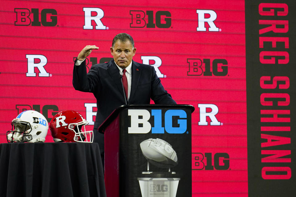 Rutgers head coach Greg Schiano talks to reporters during an NCAA college football news conference at the Big Ten Conference media days, at Lucas Oil Stadium in Indianapolis, Friday, July 23, 2021. (AP Photo/Michael Conroy)