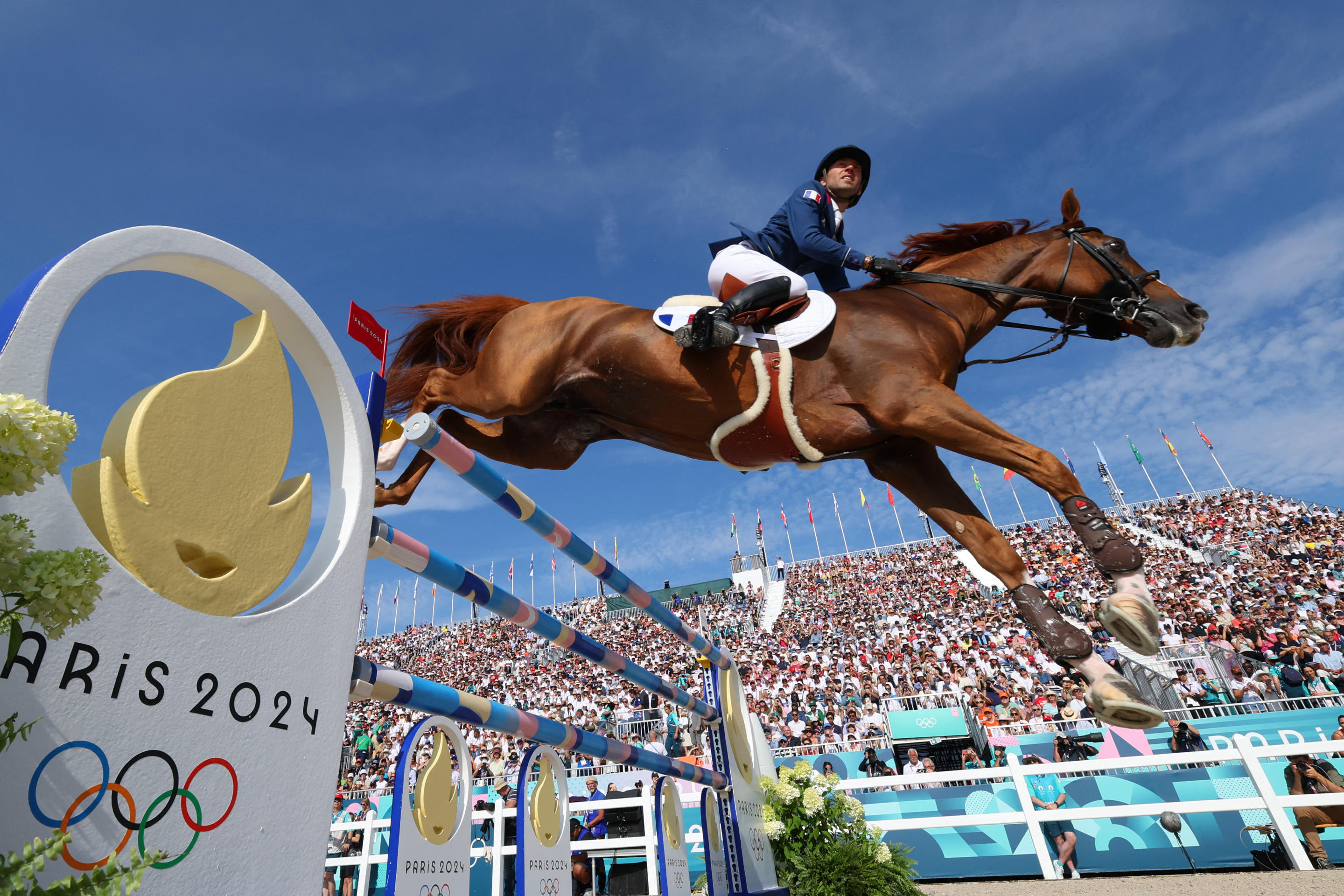 France's Simon Delestre with horse I Amelusina R 51 competes in the equestrian's jumping individual final during the 2024 Paris Olympics at the Chateau de Versailles, in Versailles, in the western outskirts of Paris, on Tuesday.