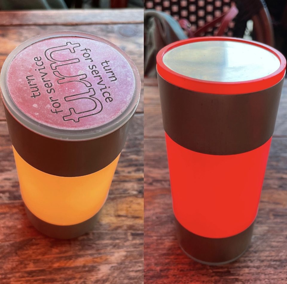 A device that resembles a cup has a top that says "turn for service." When you turn it, the cup changes colors, which lets the waiter know to come to your table