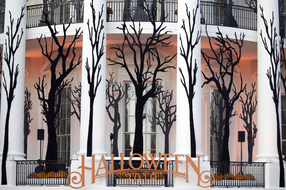 The White House is decorated for Halloween, Monday, Oct. 28, 2019, in Washington, as seen from the SouthLlawn. (AP Photo/Alex Brandon)