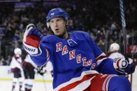 New York Rangers' Ryan Strome celebrates after scoring a goal during the second period of the team's NHL hockey game against the Colorado Avalanche on Tuesday, Jan. 7, 2020, in New York. (AP Photo/Frank Franklin II)