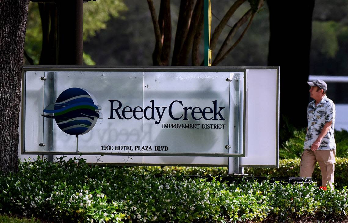 The sign outside the Reedy Creek Improvement District administrative office building is seen at Walt Disney World in Lake Buena Vista, the day after Florida Gov. Ron DeSantis signed a bill dissolving the theme park’s special purpose district. The Reedy Creek Improvement District was created by state law in May 1967 to give the Walt Disney Company governmental control over the land in and around its central Florida theme parks. (Photo by Paul Hennessy / SOPA Images/Sipa USA)(Sipa via AP Images)