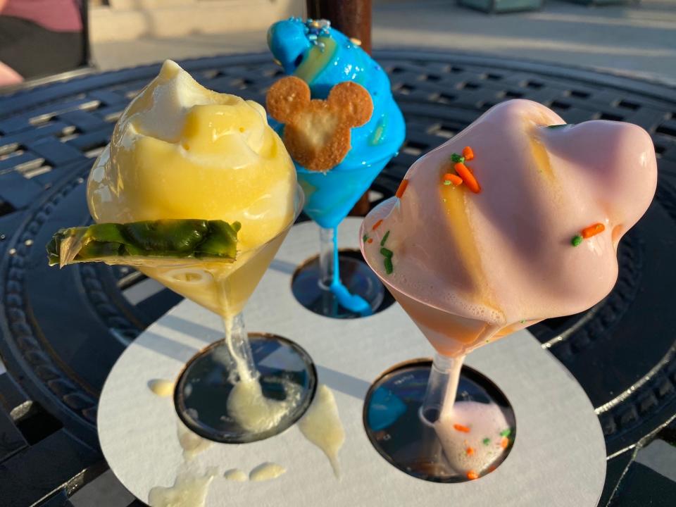 A melted Dole Whip flight at Disney Springs in July 2022.