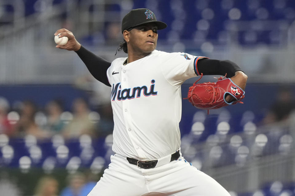 Miami Marlins starting pitcher Edward Cabrera aims a pitch during the first inning of a baseball game against the Colorado Rockies, Thursday, May 2, 2024, in Miami. (AP Photo/Marta Lavandier)