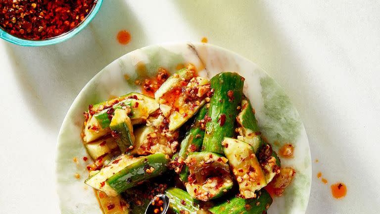 chili oil smashed cucumbers on a plate